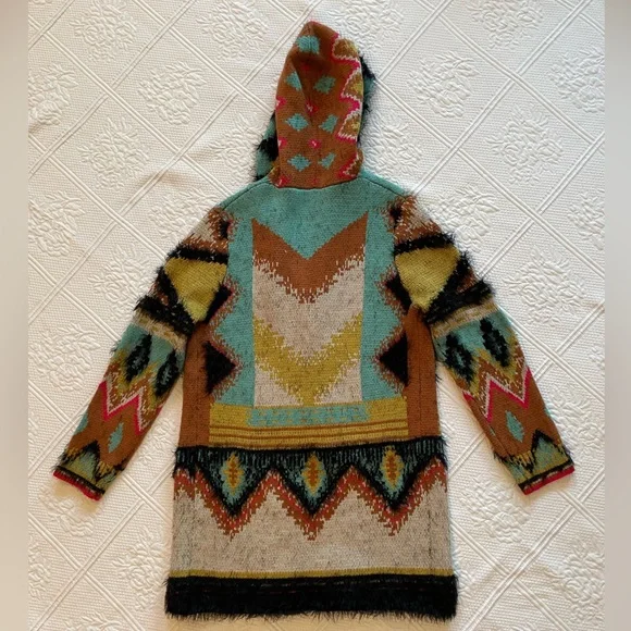 MaxSport Aztec Open Front Cardigan Hood Sweater Western Tribal Ivory/Turquoise - Picture 6 of 12